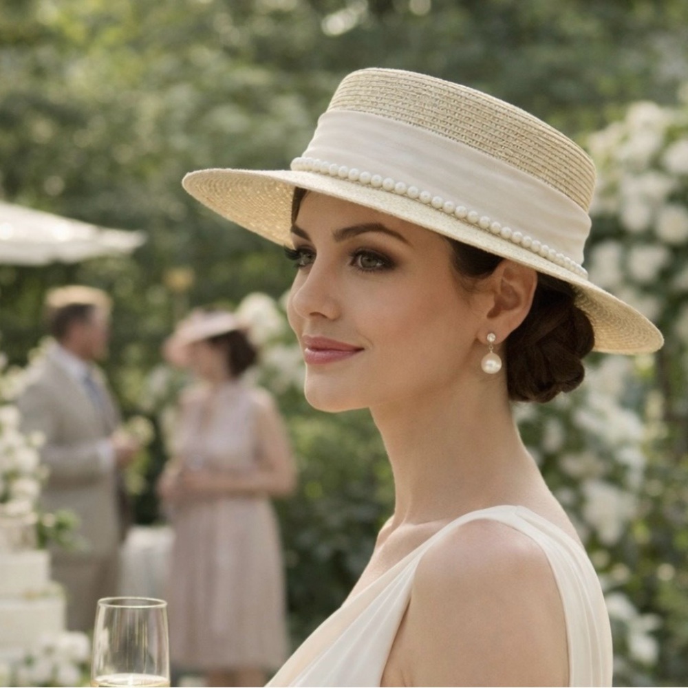 New - Elegant Beige Pearl-Embellished Women's Hat